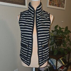 Women's JCrew Quilted Vest Full Zip Navy Stripe 02727 Snap & Hand Pockets Sz XXS